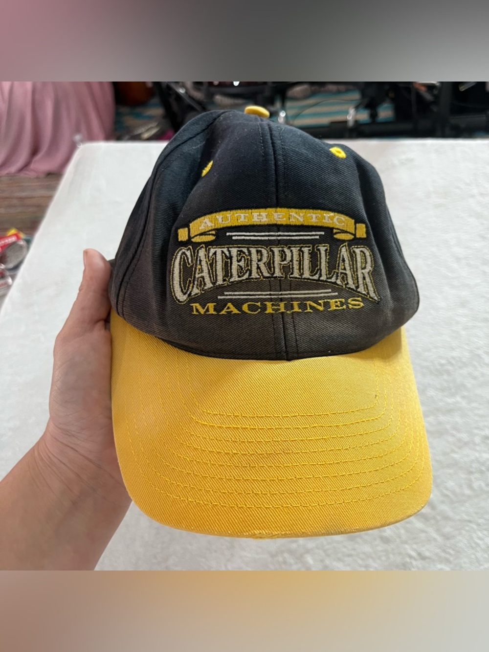 Vintage Distressed Caterpillar Machines Black and Yellow Logo Baseball Hat Cap